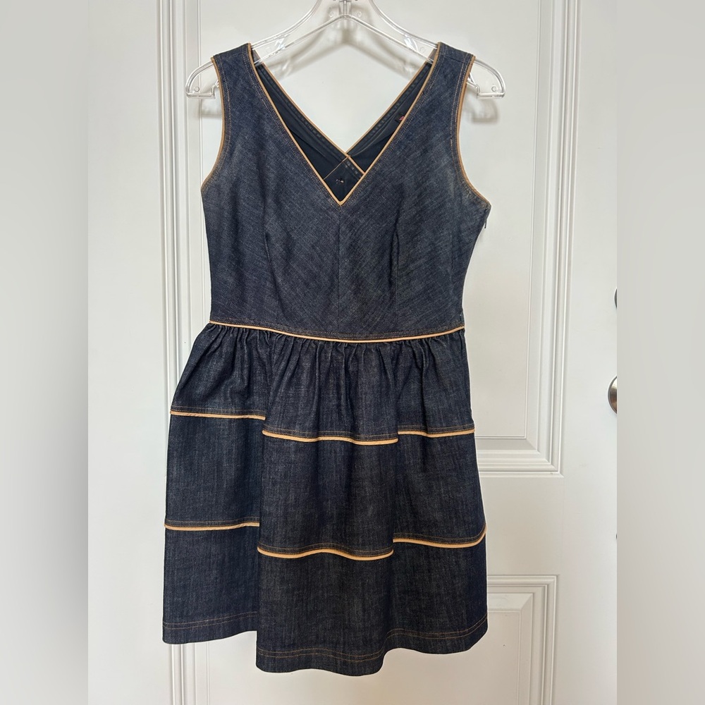 Betsy Johnson Dark Denim Tiered V-Neck Dress with Contrast Trim